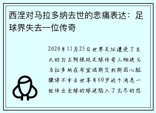 西涅对马拉多纳去世的悲痛表达：足球界失去一位传奇